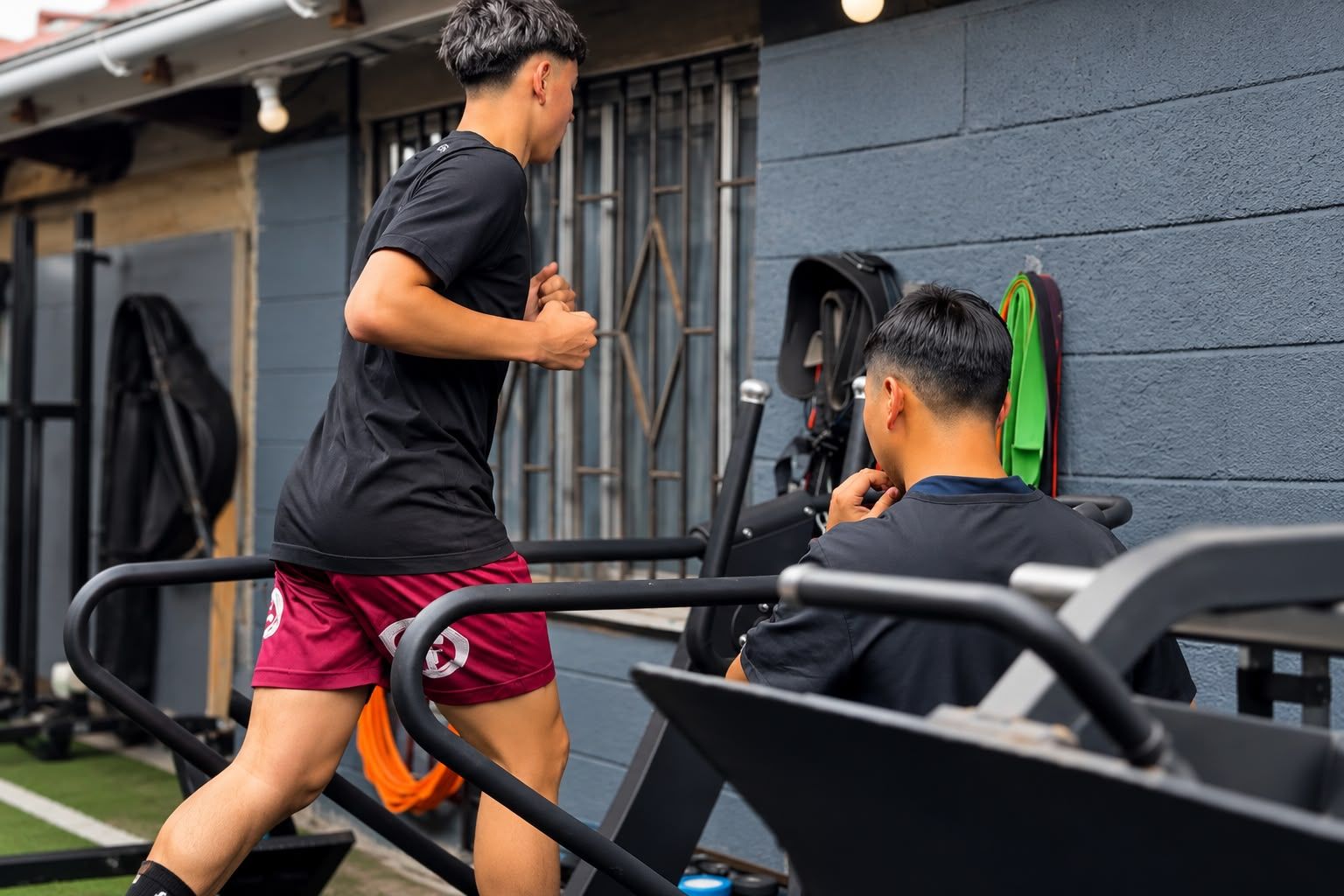 Deportista corriendo en cinta curva, supervisado por un profesional de Mach Weiter